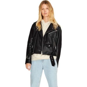 Leren Jas - Zwart - Leer - Biker Kraag - Lange Mouwen - Riem in Taille