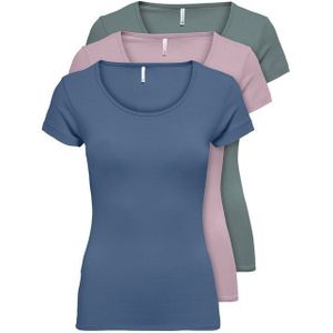 ONLY 15209153 Dames-T-shirt met korte mouwen, lange basic zomer-T-shirts, maten XS / S / M / L / XL, zwart of wit, set van 3 stuks, Kleur Mix 5, M