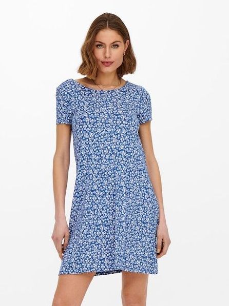ONLY Dames Onlbera Back Lace Up S/S Jurk JRS Noos, Sterk Blauw/Aop: witte bloemen, M
