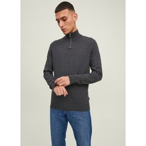 JACK & JONES - JJEEMIL - Dun Gebreid Trui - Donkergrijs - Opstaande Kraag met Rits