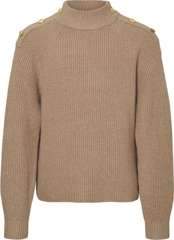 Gebreide Pullover - Hoge Hals - Lange Mouwen - Ballonmouwen - Knoop Detail