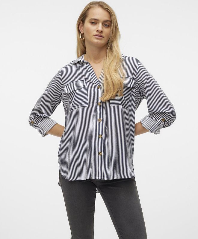 VERO MODA - Gestreept Hemd - Zwart - Viscose - Lange Mouwen