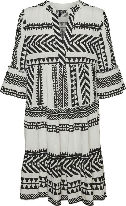 Jurk - V-hals - 3/4 Mouwen - Losse Pasvorm - Biologisch Katoen - Kort