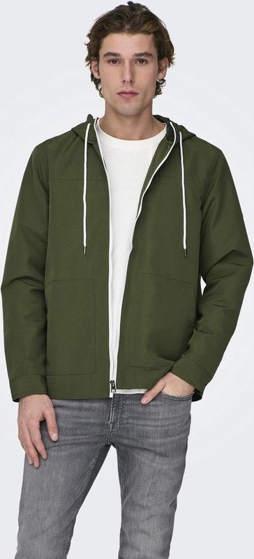 ONLY & SONS ONSMATT HOOD JACKET OTW Heren Jas - Zomerjas - Groen - Capuchon met Trekkoord - Contrasterende Rits - Twee Zakken