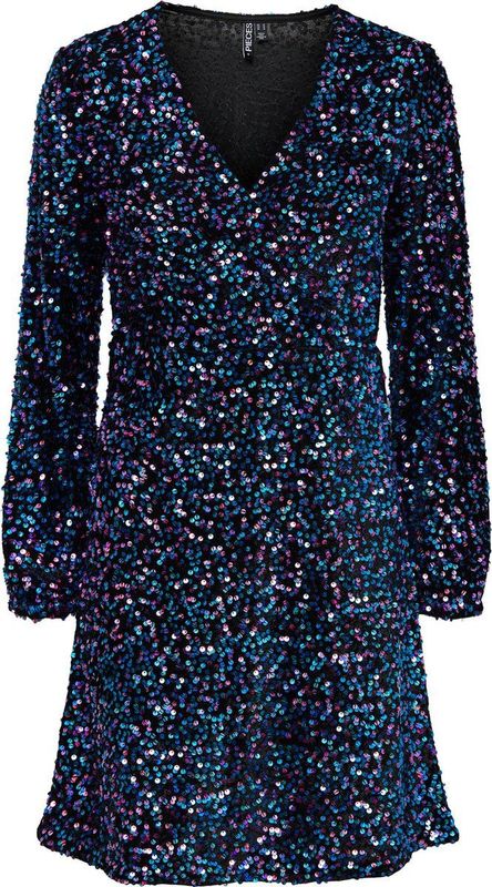 PIECES - Pckam Ls - Wikkeljurk - Zwart - Surplice-hals, Gepaspelde Manchetten, Snijlijn in de Taille