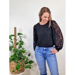Blouse - YRSA - Blouseshirt - Effen - Lange Mouw, Rechte Zoom, Pofmouwen, Kant Details