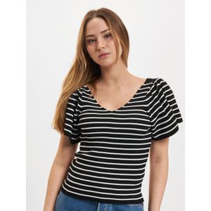 Only - ONLLEELO STRIPE SS BACK V-NECK KNT NOOS - Trui - Zwart gestreept - 100% Polyamide