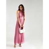 Vila Vimilina Noos Maxi-jurk met opstaande kraag voor dames, Mesa roze. Details: elastisch