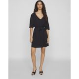 VILA - Rechte Jurk - Zwart - Viscose - Wijd Uitlopend - Korte Mouwen - V-hals