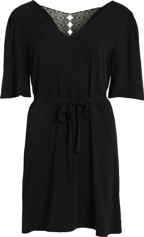 VILA - Rechte Jurk - Zwart - Viscose - Wijd Uitlopend - Korte Mouwen - V-hals