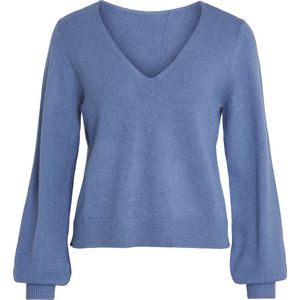 Gebreide Top - Lichtblauw - Viscose/Nylon/Polyester - V-hals, Lange Ballonmouwen