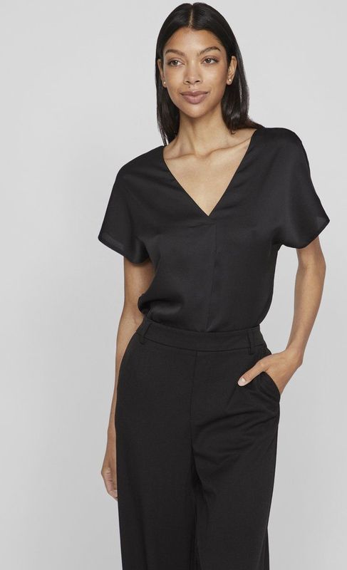 Vila T-shirt Viellette V-neck S s Satin Top - No 14089239 Black Dames