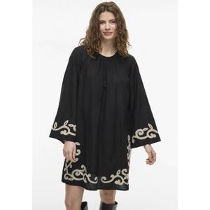 VILA - Korte Jurk - Zwart - Viscose Katoen Linnen - Wijd Uitlopend