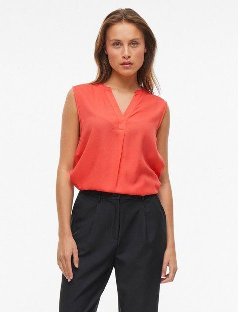 Blouseshirt - Effen - Viscose - V-hals - Mouwloos - Tuniek Kraag