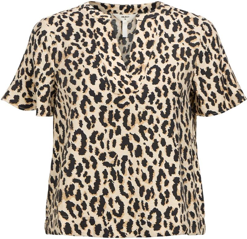 Object - Objkarina V-neck T-shirt - Sandshell/Leopard - 73% Viscose Lenzing Ecovero