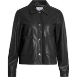 Leren Jas - Ronde Hals - Lange Mouwen - Knoopsluiting - Voorzakken - Zwart - 100% Polyester