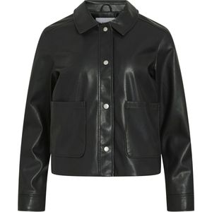 Leren Jas - Ronde Hals - Lange Mouwen - Knoopsluiting - Voorzakken - Zwart - 100% Polyester