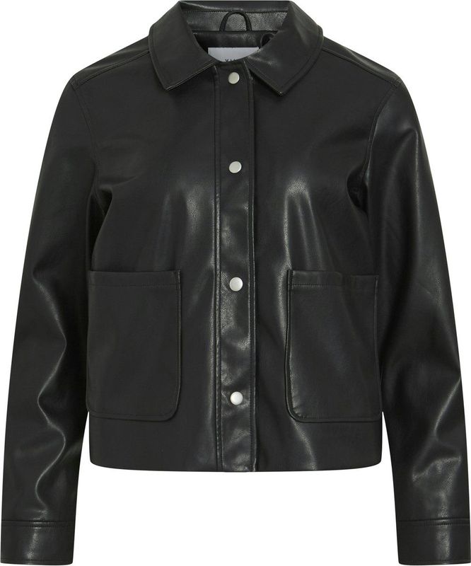 Leren Jas - Ronde Hals - Lange Mouwen - Knoopsluiting - Voorzakken - Zwart - 100% Polyester