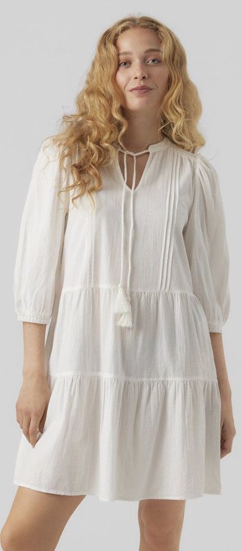 Damen - Korte Crepe Jurk - Wit - 3/4 Mouw - Zomerjurk