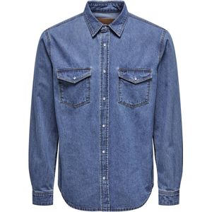Only & Sons - Vrijetijdshemd - Blauw - Regular Fit - Heren - Katoen - Knoopsluiting - Lange Mouwen