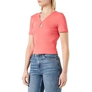 Noisy may NMMAYA Korte RIPP-top voor dames, slim fit, T-shirt met cut-out en V-hals, korte mouwen, top, Sun Kissed Coral, XS