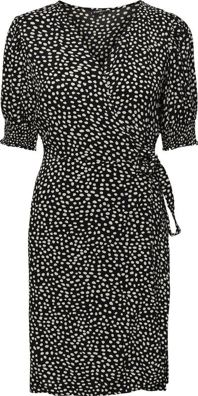 PIECES - Wikkeljurk - Zwart - Viscose - Kort - Korte Mouwen - V-hals - Stippenprint