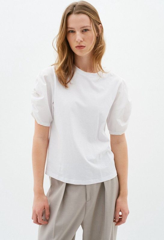 InWear - T-shirt Top - Wit - 100% Katoen - Korte Pofmouwen, Ronde Halslijn