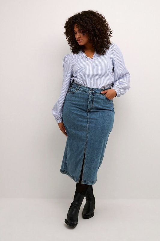 Kaffe Curve Plus-Size damesrok midi-lengte denim hoge taille zakken, Blauwe Denim, 44 grote maten