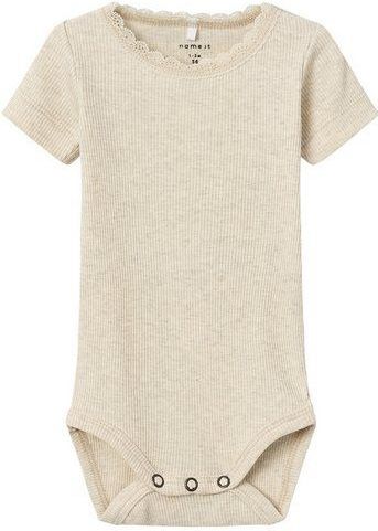 Korte Mouwen Romper - Zacht Jersey - O-hals - Drukknoopsluiting - Kantdetail