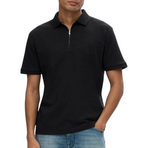 SELETED HOMME - Slhfave Zip Ss Poloshirt - Zwart - Katoen
