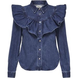 Only Onlindigo Ls Frill Dnm Shirt Qyt Noos Dames Blouse Dark Blue Denim
