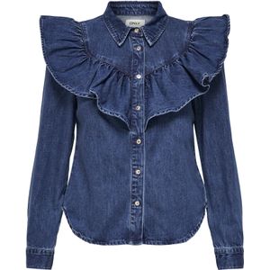 ONLY - Onlindigo Ls Frill Dnm Shirt - T-shirt - Donkerblauw - Katoen