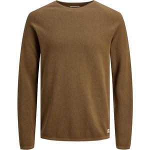 JACK & JONES Hill knit crew neck slim fit, heren pullover katoen met O-hals, camel bruin melange