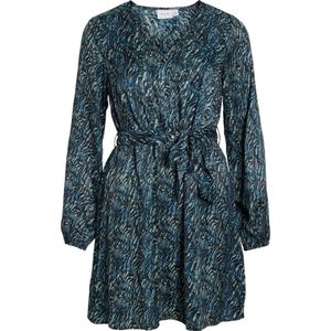 VILA - Bedrukte Jurk - Blauw - Polyester - Wijd Uitlopend, Kort, Lange Mouwen