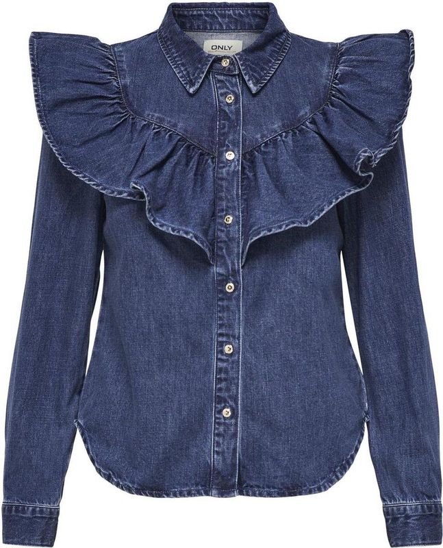 Only Onlindigo Ls Frill Dnm Shirt Qyt Noos Dames Blouse Dark Blue Denim