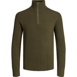 JACK & JONES Perfect knit half zip slim fit, heren schipperstrui katoenmengsel met opstaande boord, olijfgroen