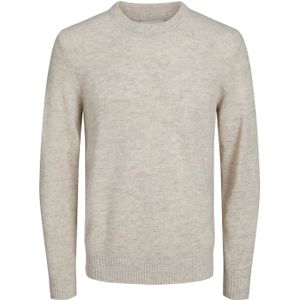 JACK & JONES Lambswool knit crew neck slim fit, heren pullover wol met O-hals, zandkleur melange