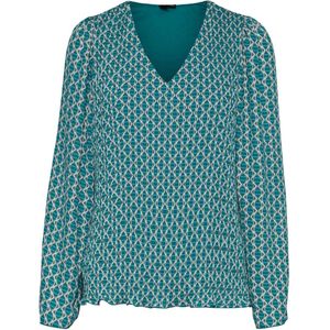 VERO MODA - Bedrukte Blouse - Blauw - V-hals - Lange Mouwen - 100% Polyester