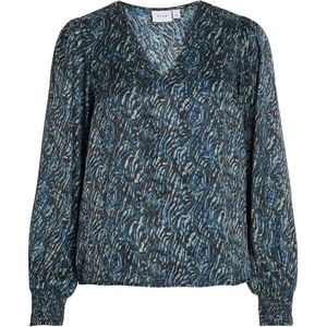 VILA - Blouse - Blauw - Polyester - V-hals met Lange Mouwen