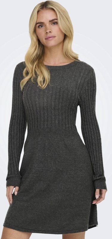 Only - ONLFIA LS CABLE DRESS - Gebreide Jurk - Donkergrijs Melange - Getailleerd met Kabelpatroon