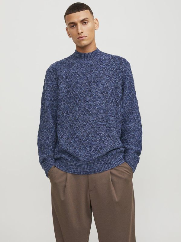 JACK & JONES Ziggi knit mock neck slim fit - heren pullover wolmengsel met turtleneck - donkerblauw