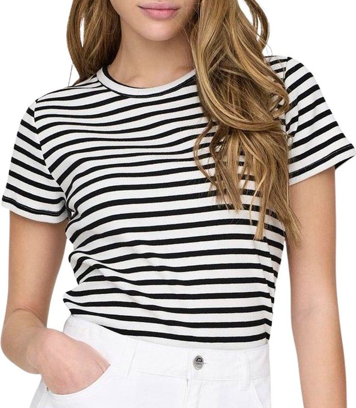 T-shirt - Cloud Dancer - Zwart Gestreept - 100% Katoen - Ronde Hals