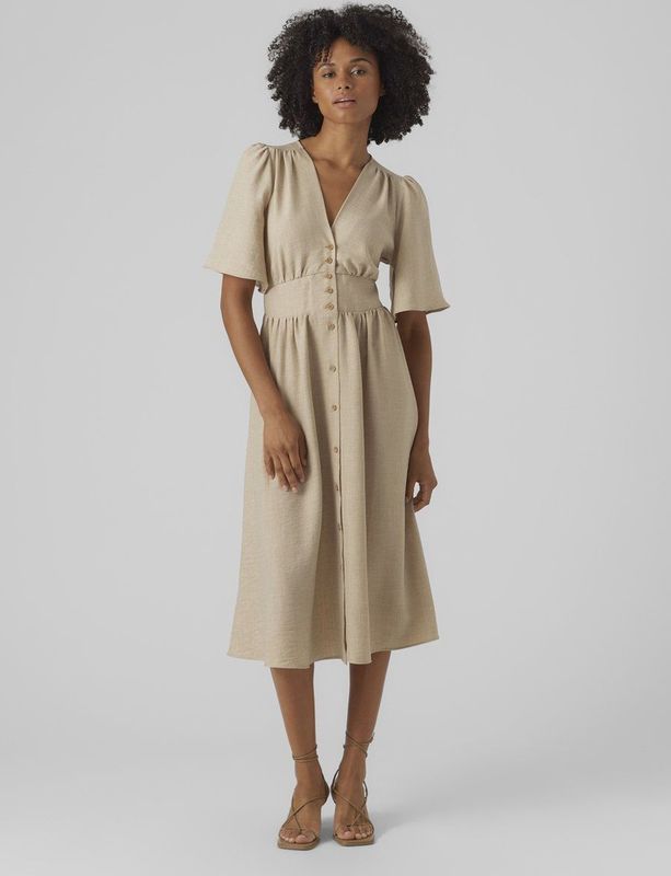 Jurk - Knielengte - V-hals - Puffmouwen - 100% Gerecycled Polyester