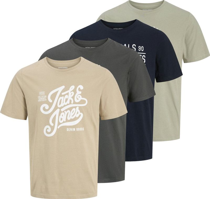 Jack & Jones Heren T-Shirt JJLINO 4-Pack regular fit Veelkleurig M Ronde Hals Volwassenen Opdruk Print Shirts