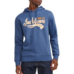 JACK & JONES Logo sweat hood regular fit, heren hoodie katoenmengsel met capuchon, middenblauw melange