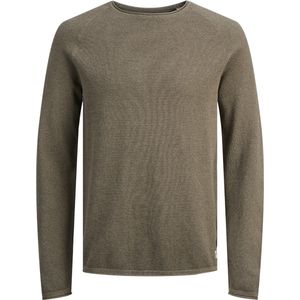JACK & JONES Hill knit crew neck slim fit - heren pullover katoen met O-hals - olijfgroen melange