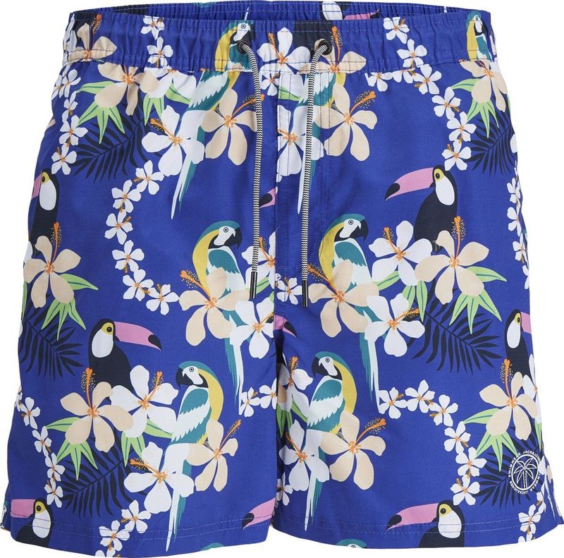 Jack & Jones Heren Zwemshorts JPSTFIJI AOP Blauw Tropisch Paradijs Print - Maat S