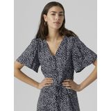 VERO MODA - Jurk - Blauw - Viscose - Knoopsluiting en Stippen
