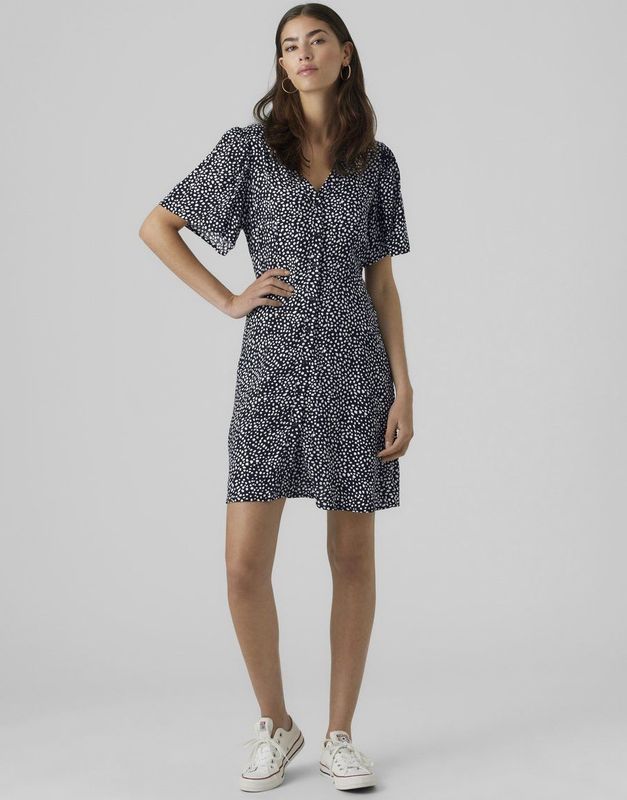 VERO MODA - Jurk - Blauw - Viscose - Knoopsluiting en Stippen