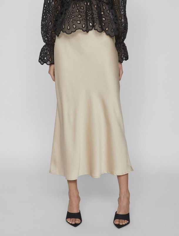 Vila - Ellette - Midi Rok - Hoge Taille - Geweven Stoffen - 100% Gerecycled Polyester